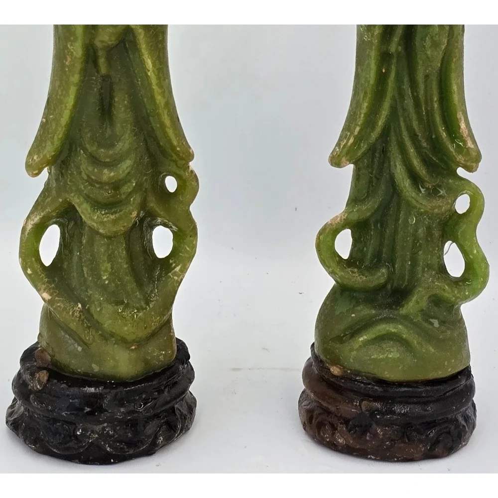 Vintage Ceremonial Jade Green Chinese Figure Carved Wax Candles Pair Unused